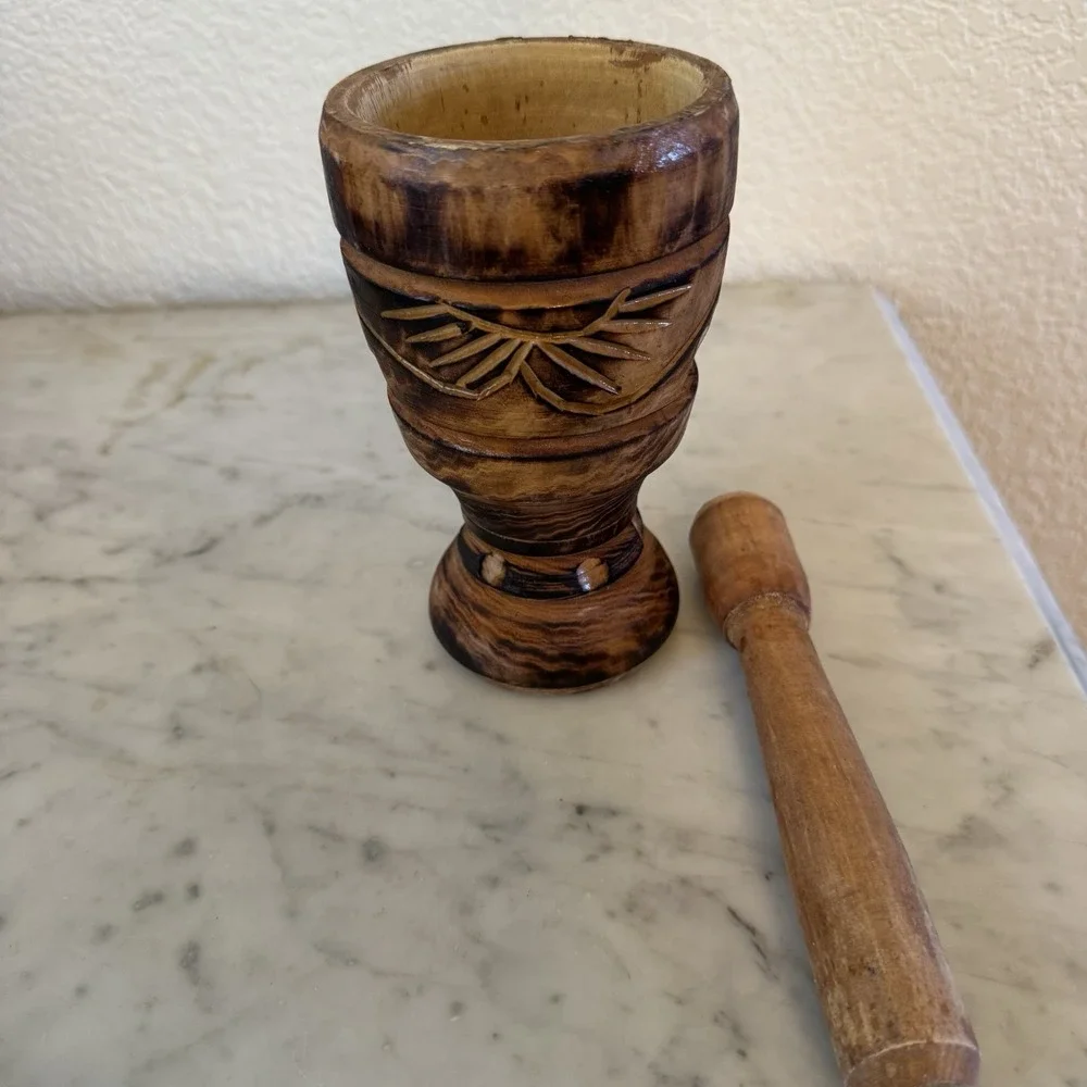 Carved Turned Hard Wood Mortar and Pestle From Brazil